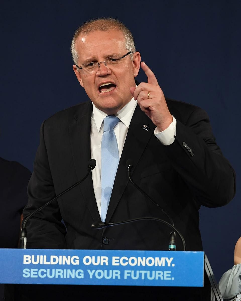 Australia's Prime Minister Scott Morrison gives his victory speech after winning the Australia's general election in Sydney on May 18, 2019. (AFP Photo)