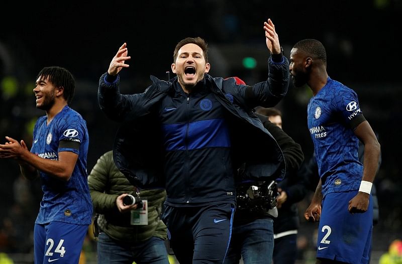 Chelsea manager Frank Lampard celebrates after the match. (Reuters Photo)