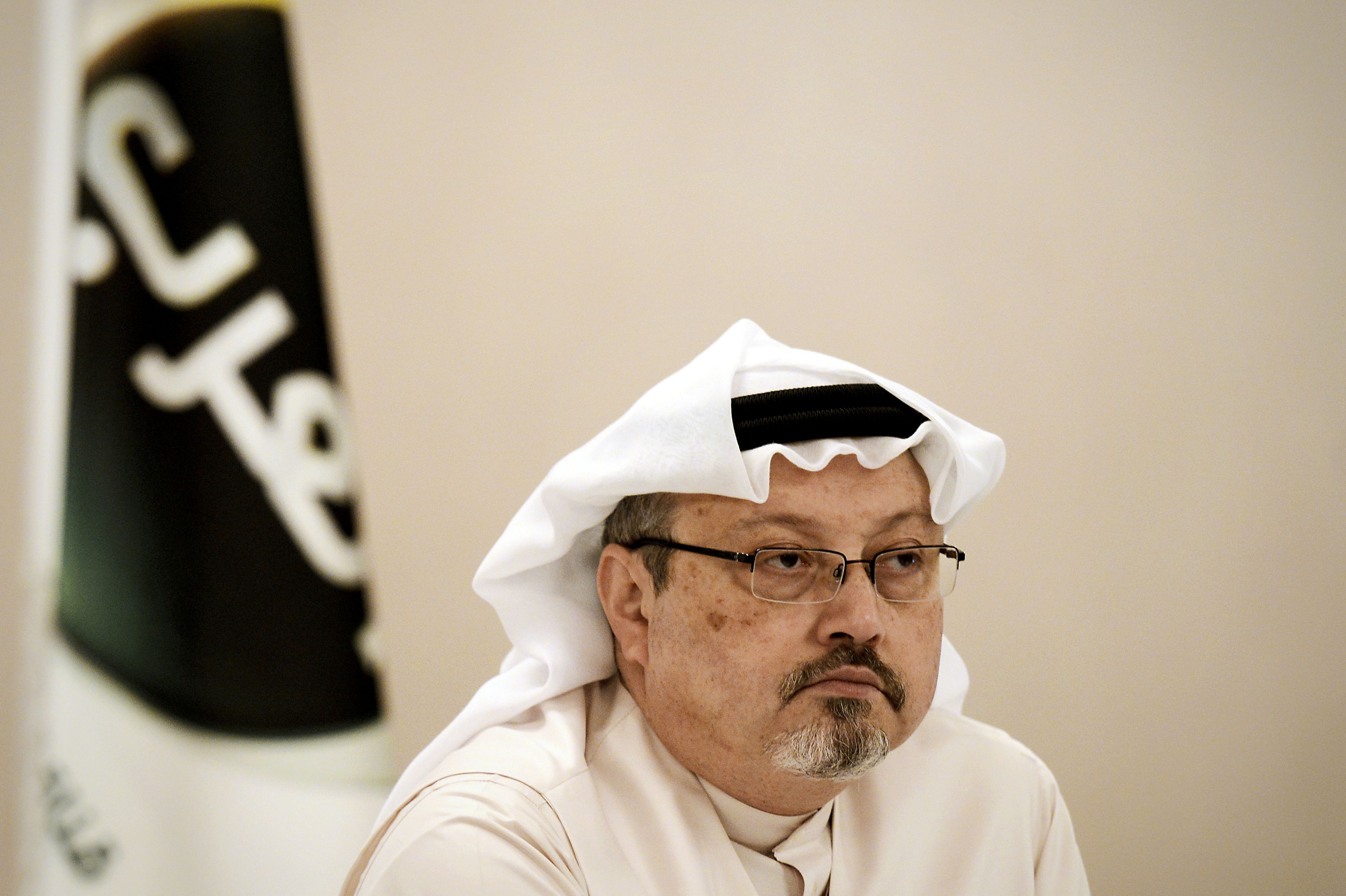 In this file photo taken on December 15, 2014 A general manager of Alarab TV, Jamal Khashoggi, looks on during a press conference in the Bahraini capital Manama. (AFP Photo)