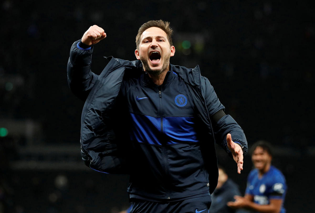 Chelsea manager Frank Lampard celebrates after the match. (Reuters photo)
