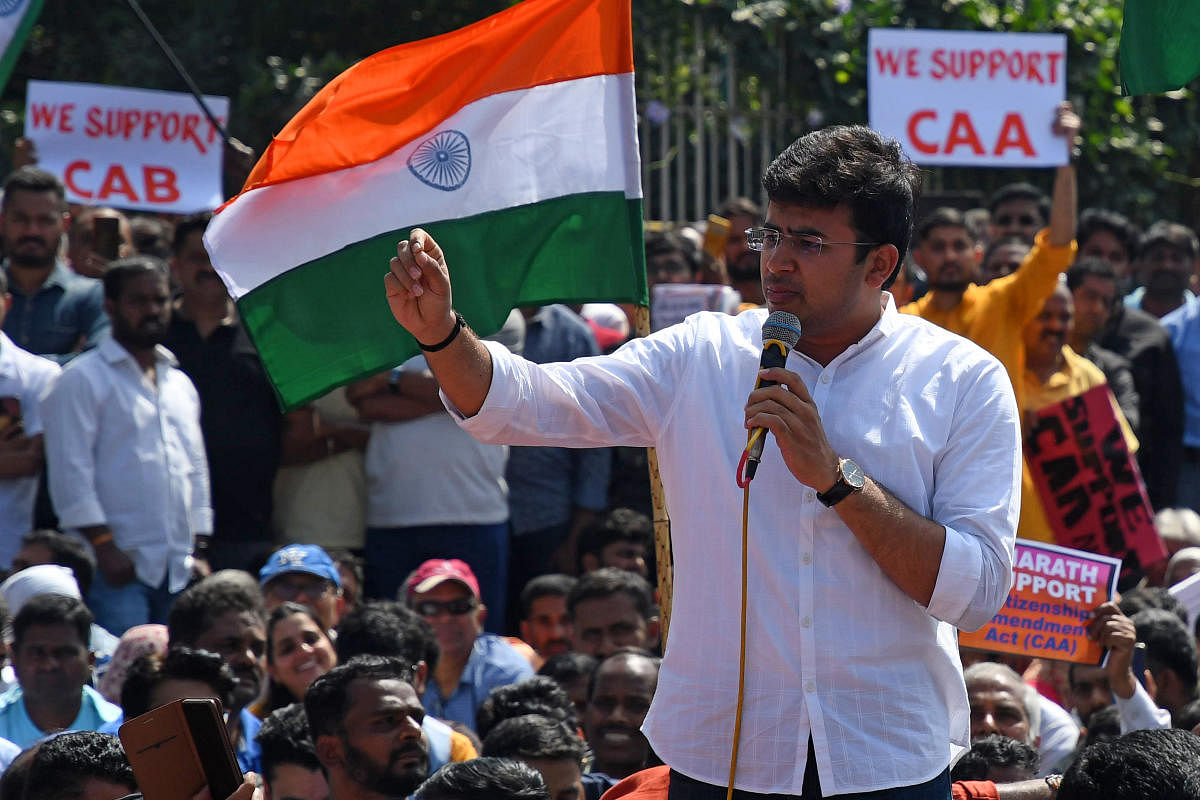 Parliamentarian from Bangalore South Tejasvi Surya speaking at the pro-CAA protest in Bengaluru on Sunday. | DH Photo: Pushkar V