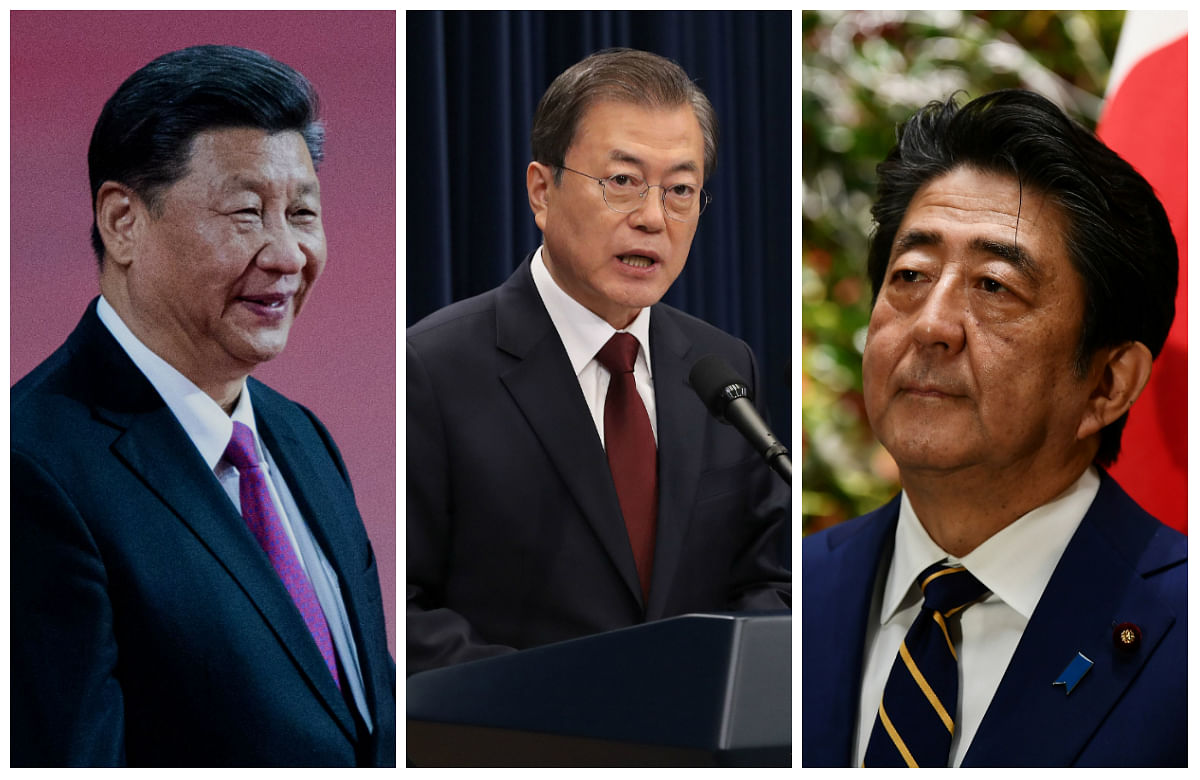 Chinese President Xi Jinping, South Korean President Moon Jae-in and Japanese Prime Minister Shinzo Abe