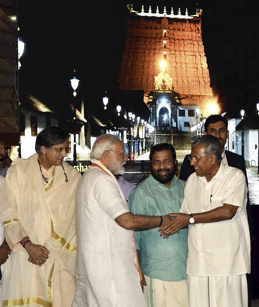 Prime Minister Narendra Modi being greeted at Sree Padmanabhaswamy Temple in Thiruvananthapuram, Kerala. (PTI Photo)