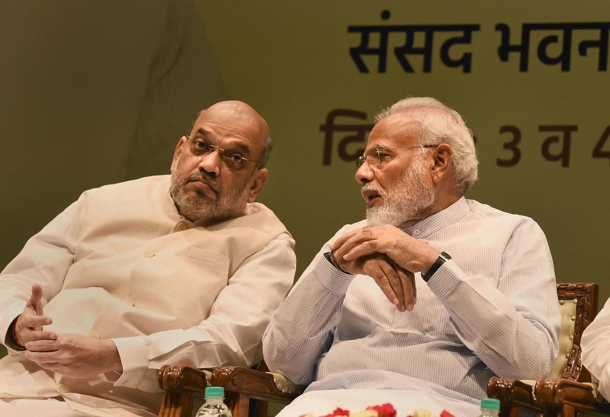 Prime Minister Narendra Modi and Home Minister Amit Shah during the two-day training programme called 'Abhyas Varga', organised for all BJP MPs from Lok Sabha &amp; Rajya Sabha, in New Delhi, Saturday, Aug 3, 2019. (PTI Photo)