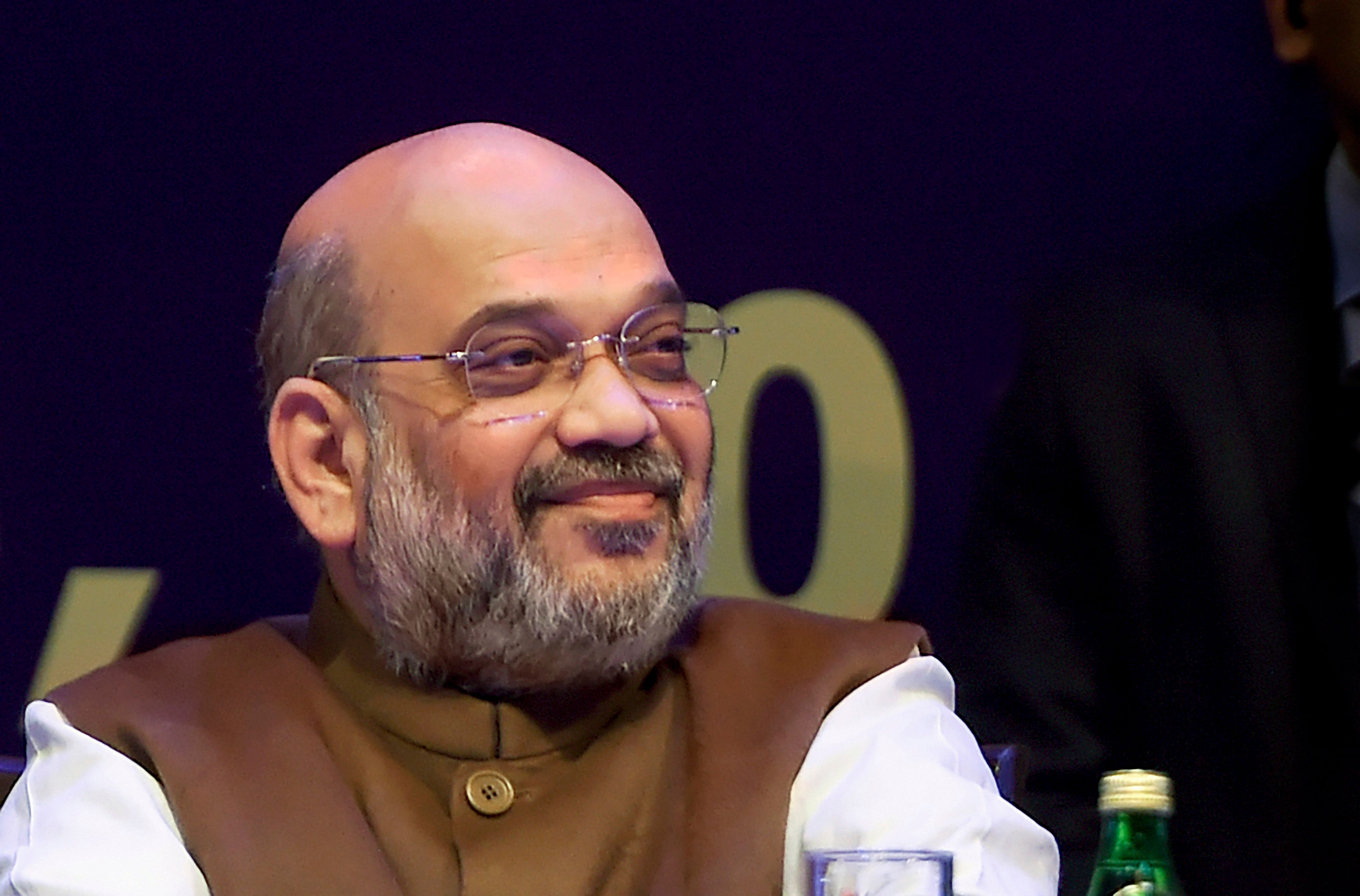 Home Minister Amit Shah during the 32nd Intelligence Bureau (IB) Centenary Endowment Lecture at Siri Fort auditorium. (PTI Photo)