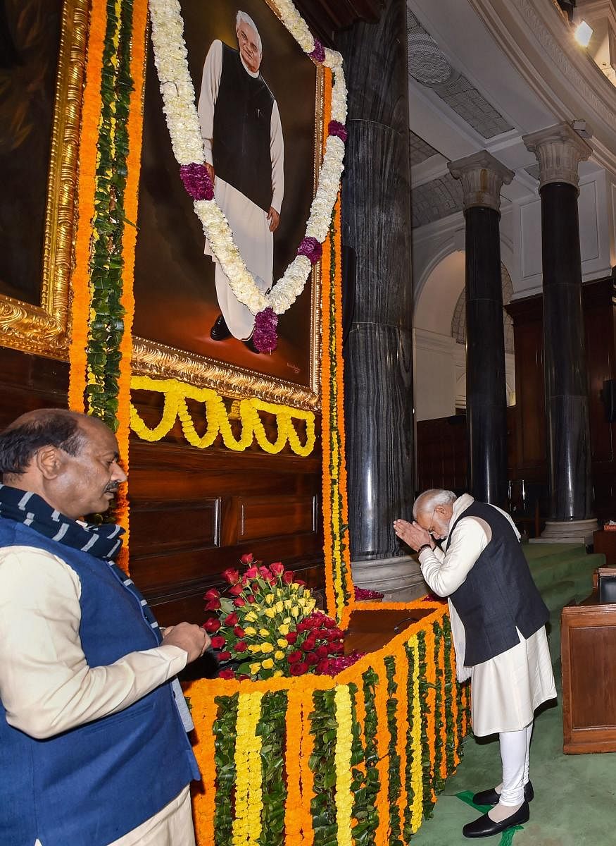 Prime Minister Narendra Modi pays tribute to former prime minister Atal Bihari Vajpayee on his 95th birth anniversary. (PTI Photo)