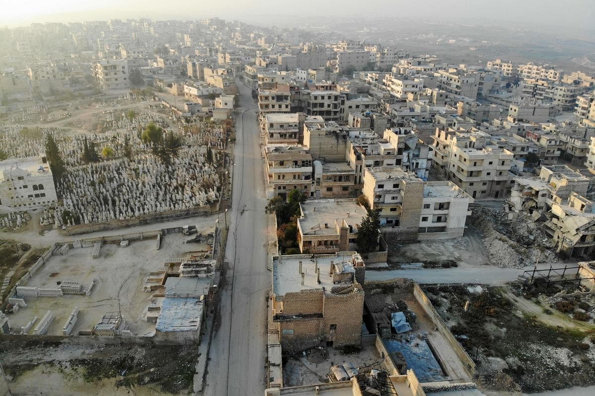 A drone picture of the  town of Maaret Al-Numan in the northwestern Idlib province. Photo/AFP