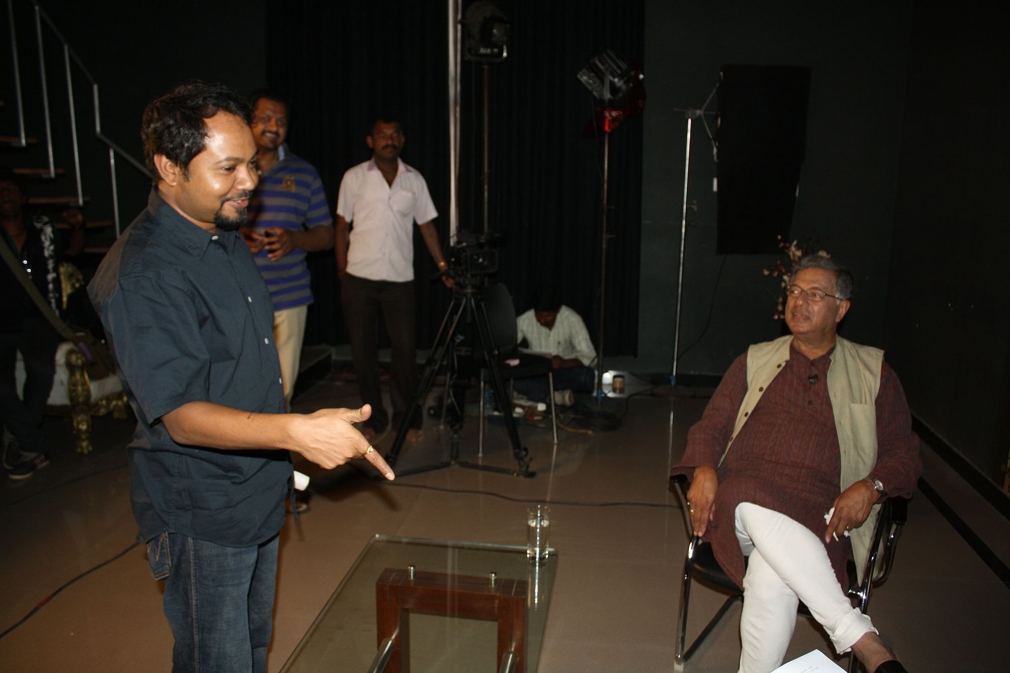 K M Chaitanya (left) during the shooting of a biopic on Girish Karnad.