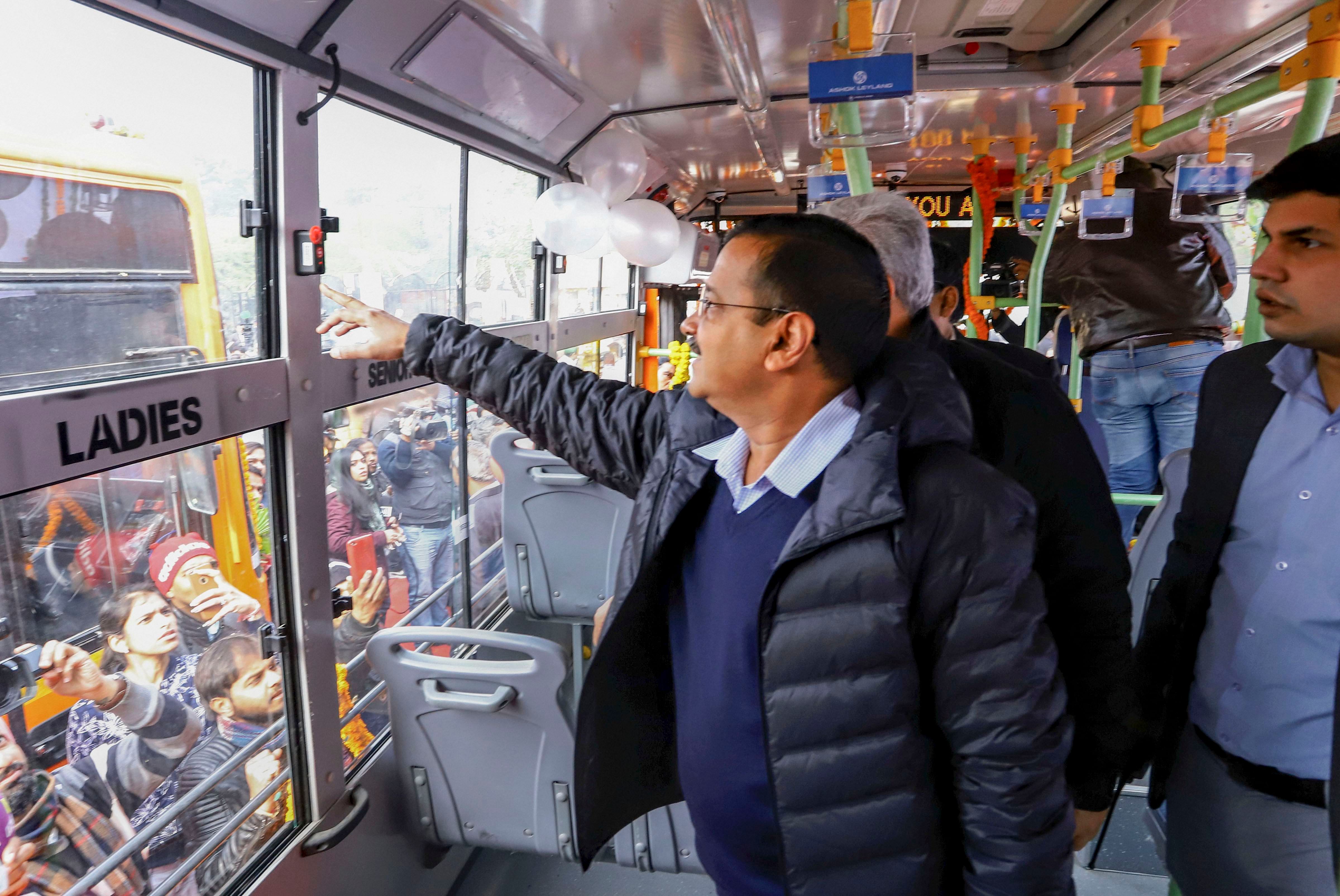 The buses are equipped with state-of-the-art features like hydraulic lifts for the differently-abled people, GPS trackers, panic buttons and CCTV cameras to ensure the safety of women. (PTI Photo)