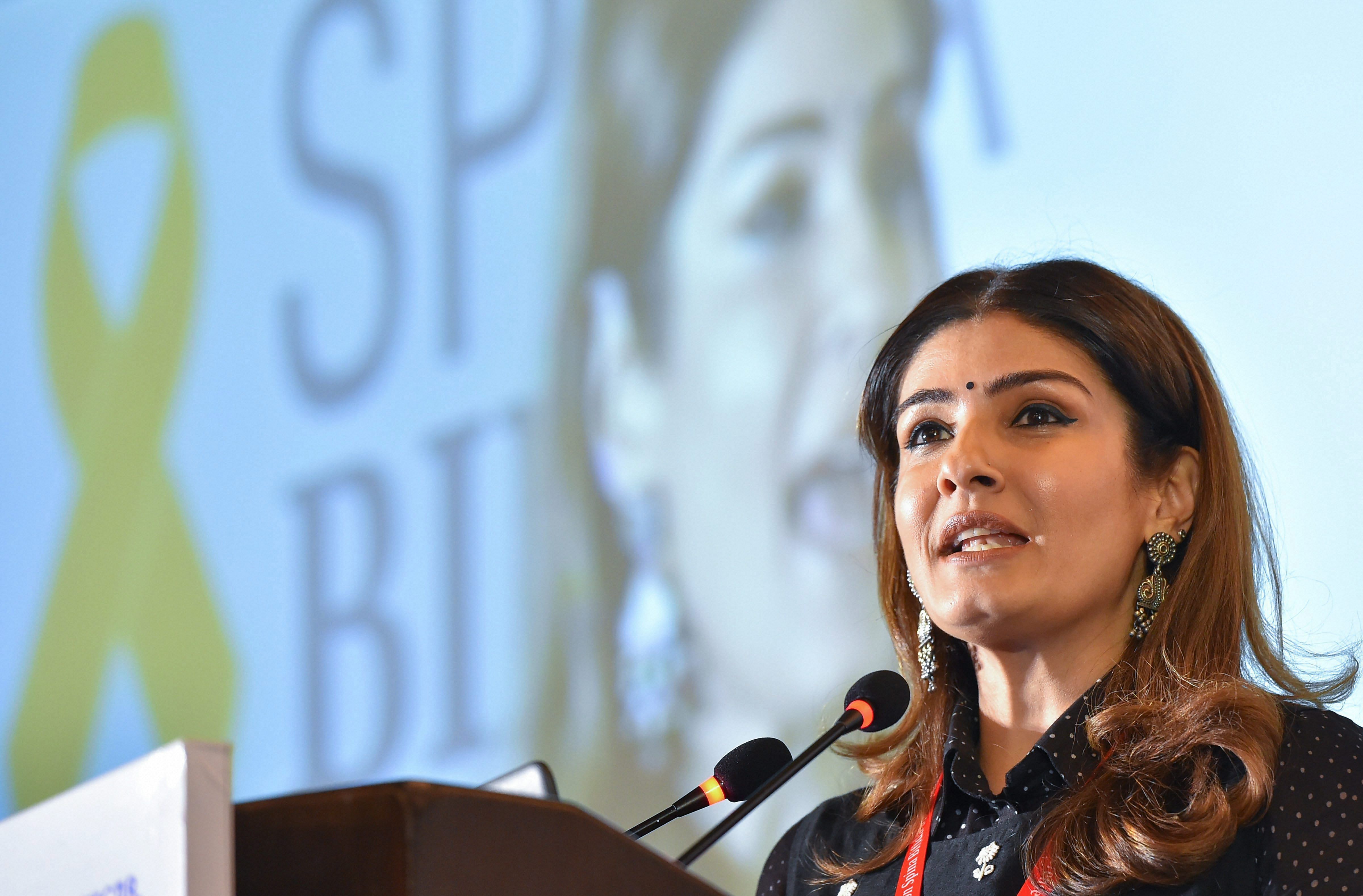 Bollywood actress Raveena Tandon speaks during the inauguration of the 28th International Conference on Spina Bifida and Hydrocephalus in New Delhi. (PTI Photo)