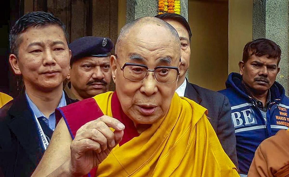 Tibetan spiritual leader Dalai Lama interacts with the media during his visit to the world heritage Mahabodhi temple in Bodhgaya, Wednesday, Dec. 25, 2019. (PTI Photo)