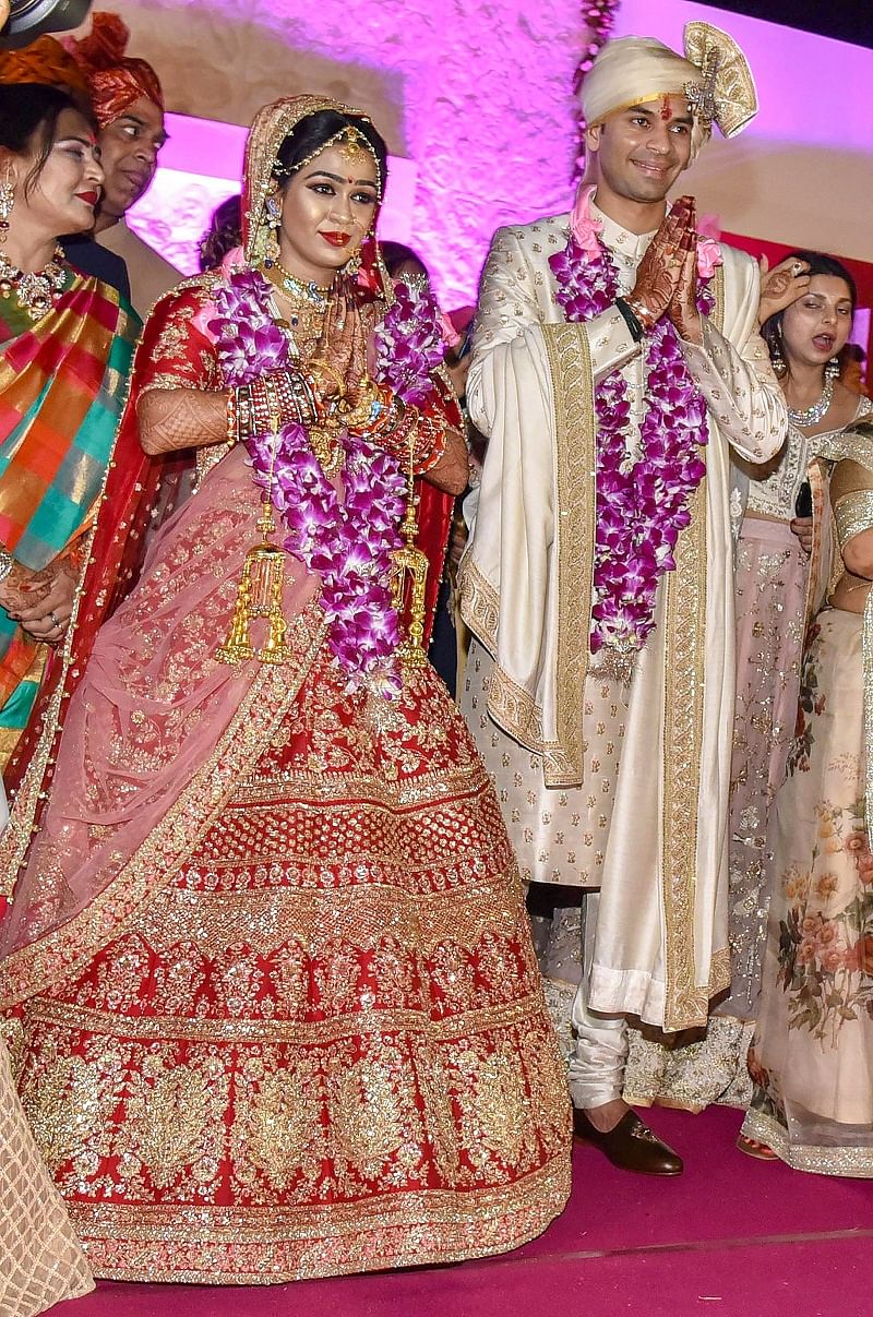 RJD chief Lalu Prasad's elder son Tej Pratap and Aishwarya Rai during their wedding ceremony in Patna. Tej Pratap Yadav filed for divorce from Aishwarya Rai. (PTI Photo)