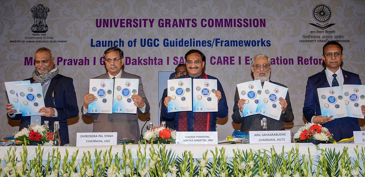 Union Minister for Human Resource Development Ramesh Pokhriyal ‘Nishank’ launches the UGC Guidelines/Frameworks. PTI