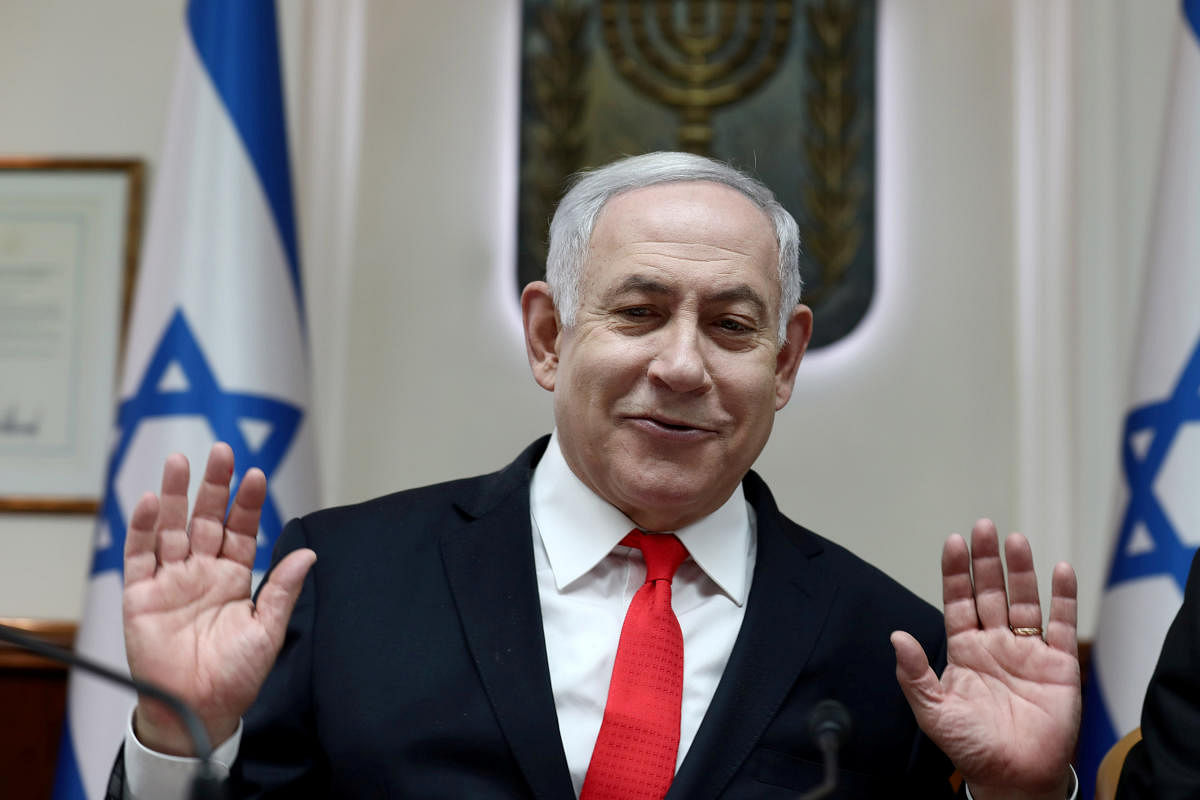 Israeli Prime Minister Benjamin Netanyahu gestures as he chairs the weekly cabinet meeting at his Jerusalem office December 15, 2019. (Reuters Photo)