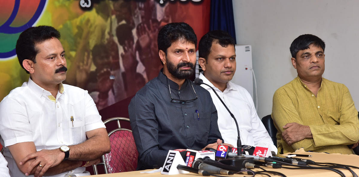 Tourism Minister C T Ravi addresses a press meet at the BJP party office in Mangaluru on Thursday.