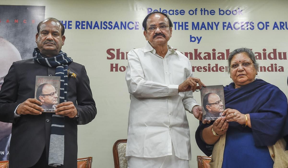 Vice President M. Venkaiah Naidu, Lok Sabha Speaker Om Birla and Arun Jaitley's wife Sangeeta Jaitley release a book 'The Renaissance Man- The Many Facets of Arun Jaitley' in New Delhi. PTI