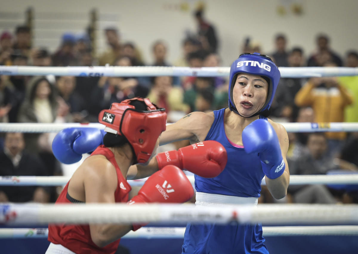 Boxer Mary Kom during her bout against Nikhat Zareen in the 51kg category finals of the women's boxing trials for Olympics 2020 qualifiers. (PTI  photo)