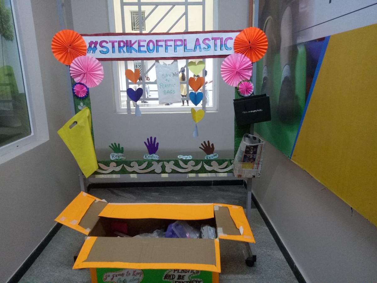 The plastic bank at VIBGYOR Roots and Rise School in Mangaluru, where students can drop in dry waste, especially plastic bags and cardboard, collected from their houses.