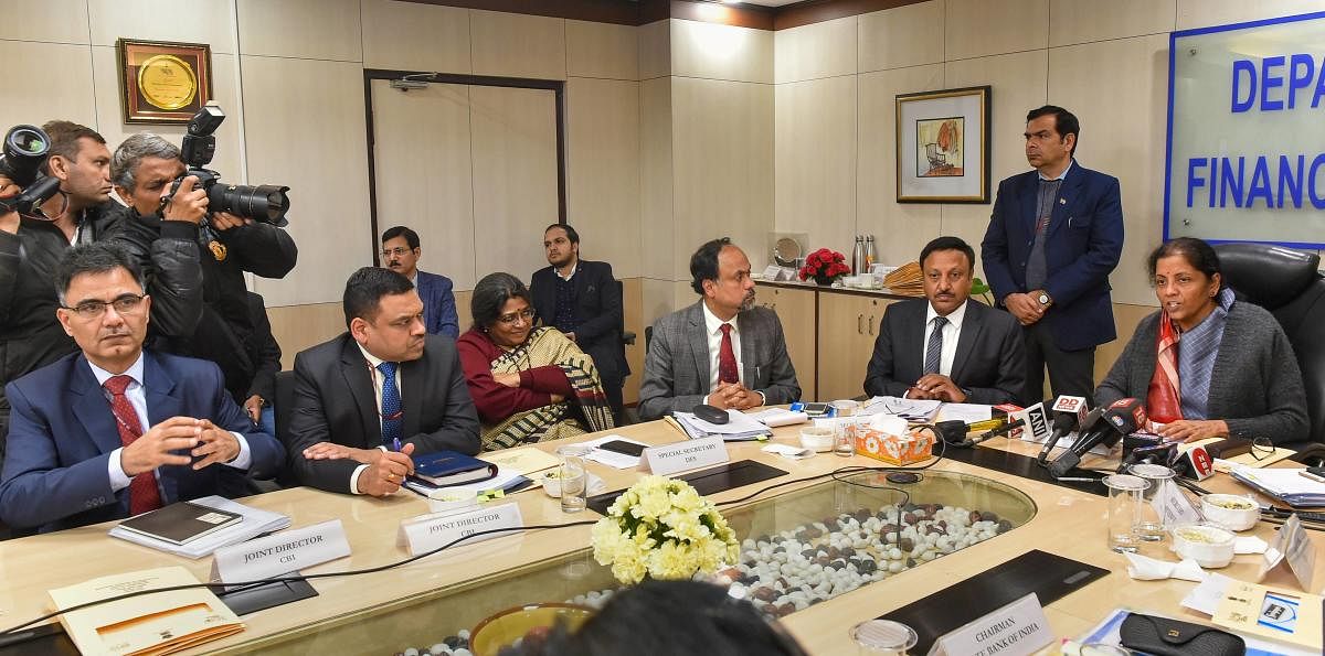 Union Finance Minister Nirmala Sitharaman during a review meeting with chief executive officers (CEOs) of public sector banks (PSBs) and CBI officials in New Delhi. PTI