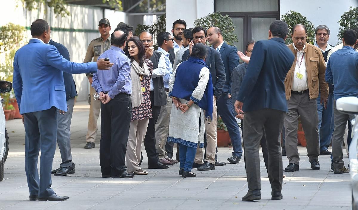 IAS officers exit after meeting with Union Home Minister Rajnath Singh over alleged manhandling of Delhi chief secretary Anshu Prakash by an AAP MLA, in New Delhi on Tuesday. (PTI Photo)