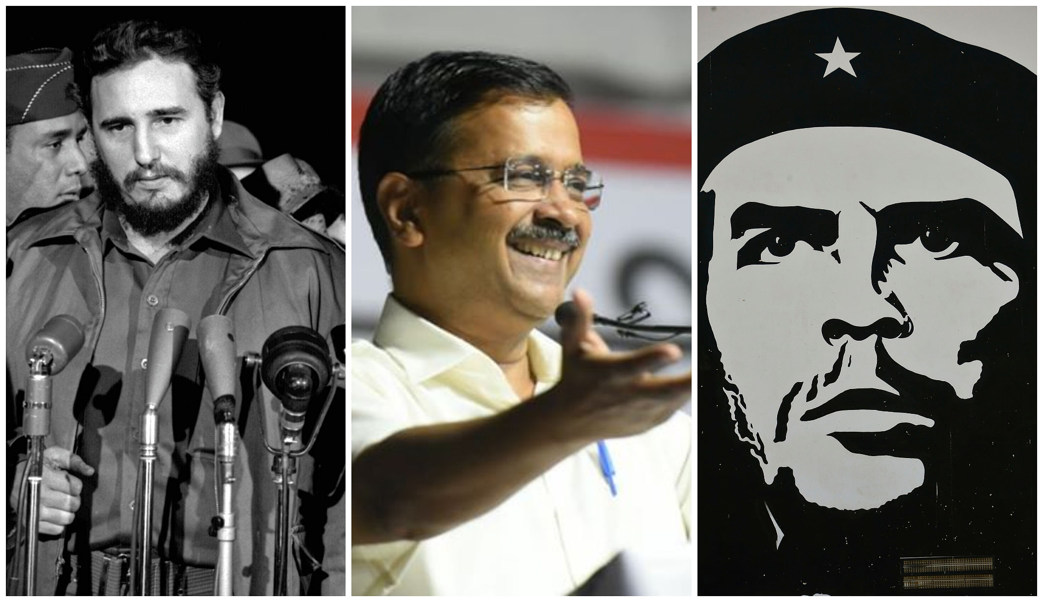 Fidel Castro(L), Arvind Kejriwal(C), Che Guevara(R) (Photos by Wikimedia Commons and Facebook)