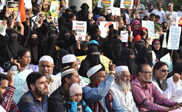 Members of Karnataka Muslims Mahila Andolan staging a protest against CAA, NRC and NPR in front of Town Hall in Bengaluru on Saturday, December 28, 2019. Photo by Janardhan B K