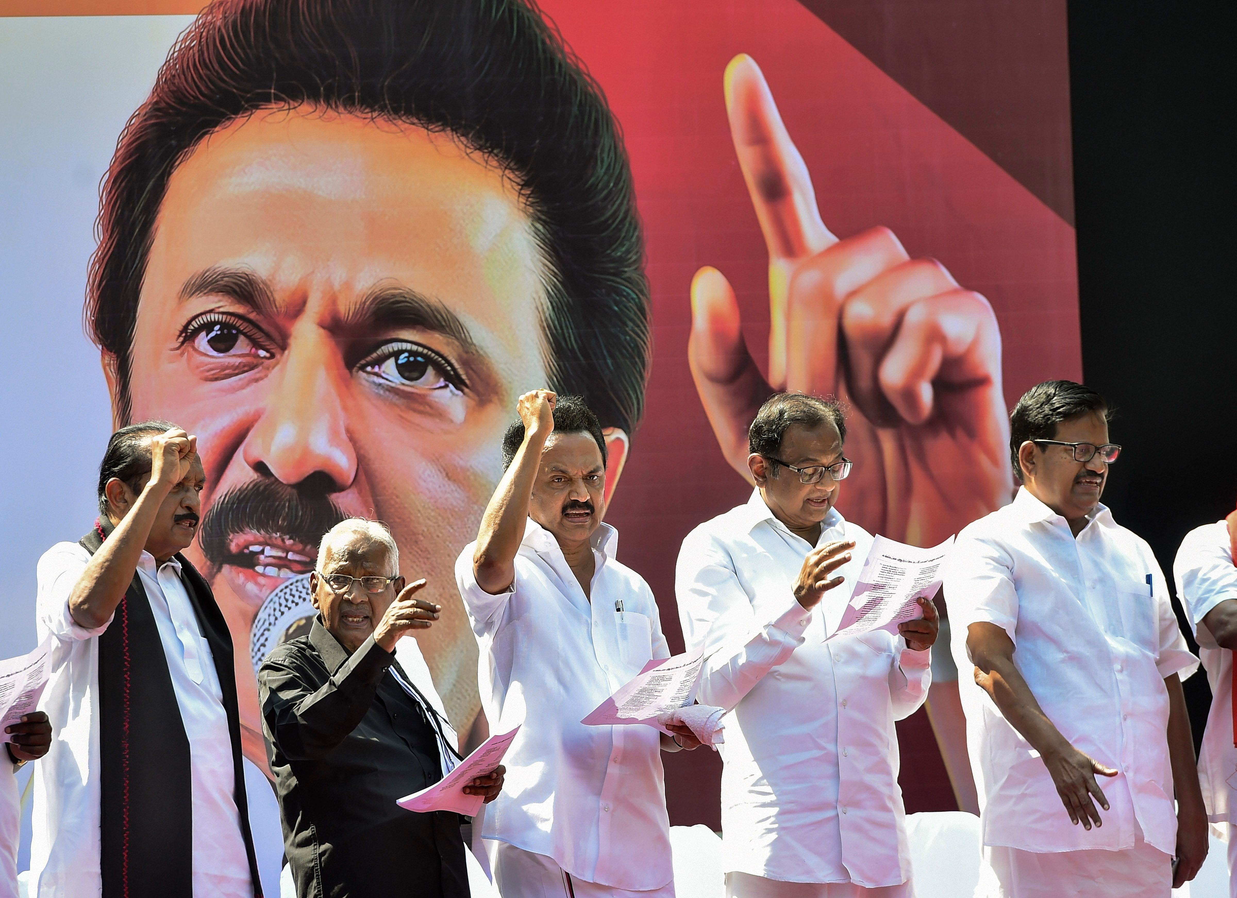 DMK president MK Stalin along with leaders of allies, including senior Congress leader P Chidambaram, MDMK chief Vaiko and state unit leaders of the Left parties take part in a protest rally against the Citizenship (Amendment) Act (CAA), in Chennai. (PTI Photo)