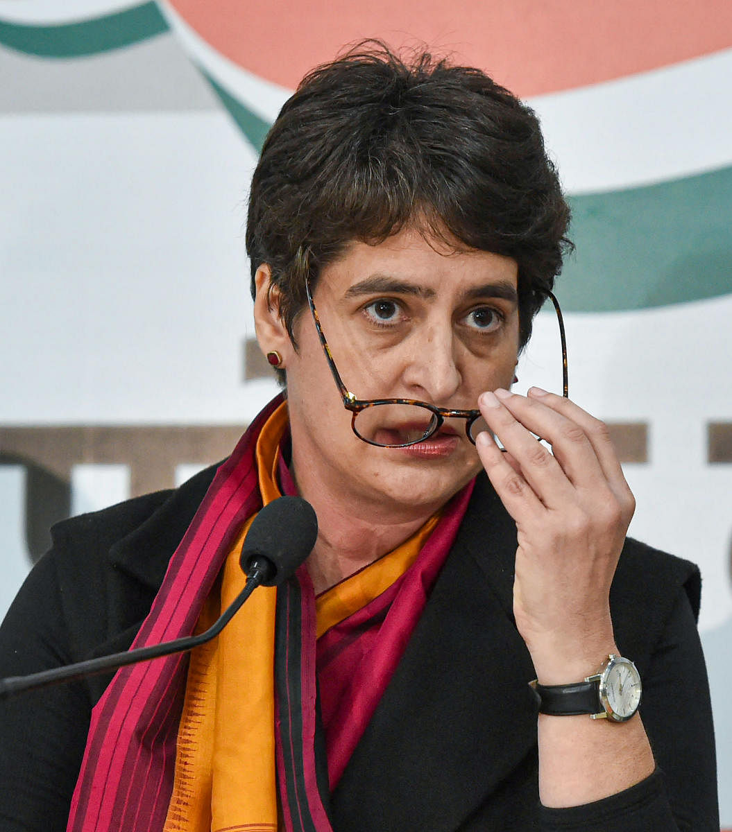  AICC general secretary Priyanka Gandhi Vadra at a press conference at the party office in Lucknow. PTI