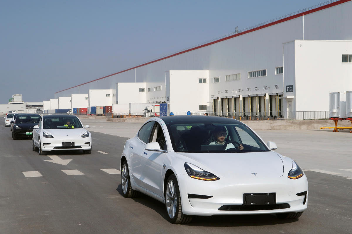 China-made Tesla Model 3 vehicles are seen at the Shanghai Gigafactory of the U.S. electric car maker in Shanghai. (Reuters Photo)