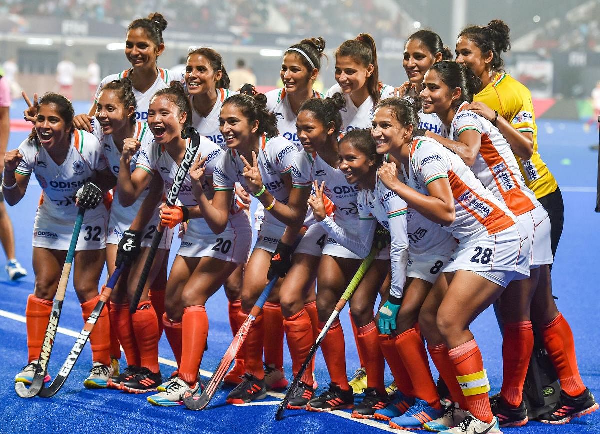 Indian Women Hockey team celebrate after they qualify for Tokyo Olympic at the end of FIH Hockey Olympic Qualifiers 2019 (Women) against the USA, in Bhubaneswar. (PTI)