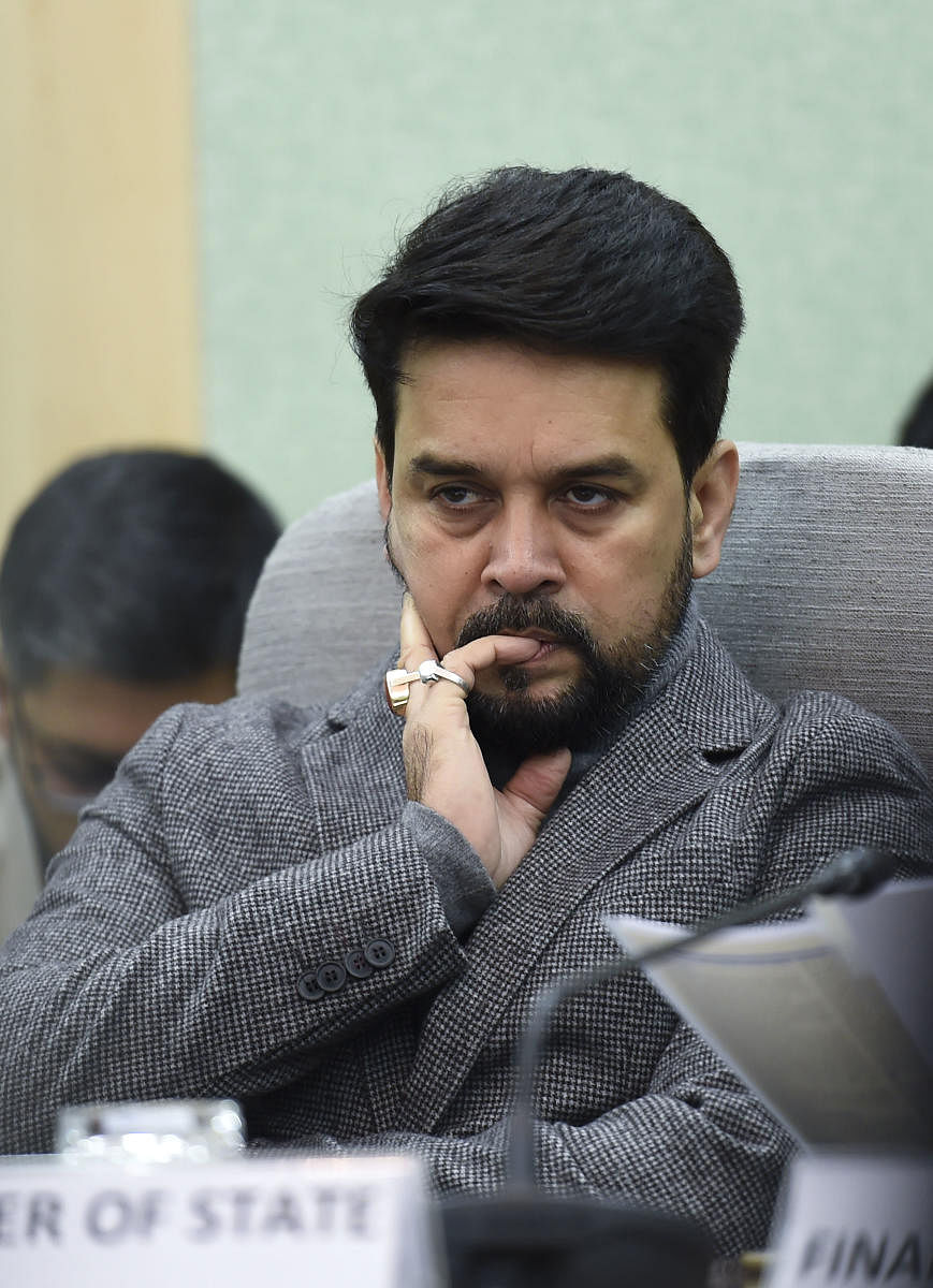 MoS for Finance Anurag Thakur during the first pre-Budget consultation with financial sector and capital market representatives, in New Delhi. (PTI Photo)
