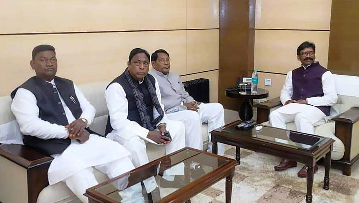 Jharkhand Chief Minister Hemant Soren meets his ministers Alamgir Alam, Rameshwar Oraon, Satyanand Bhokta during their first cabinet meeting at State Secretariat. PTI