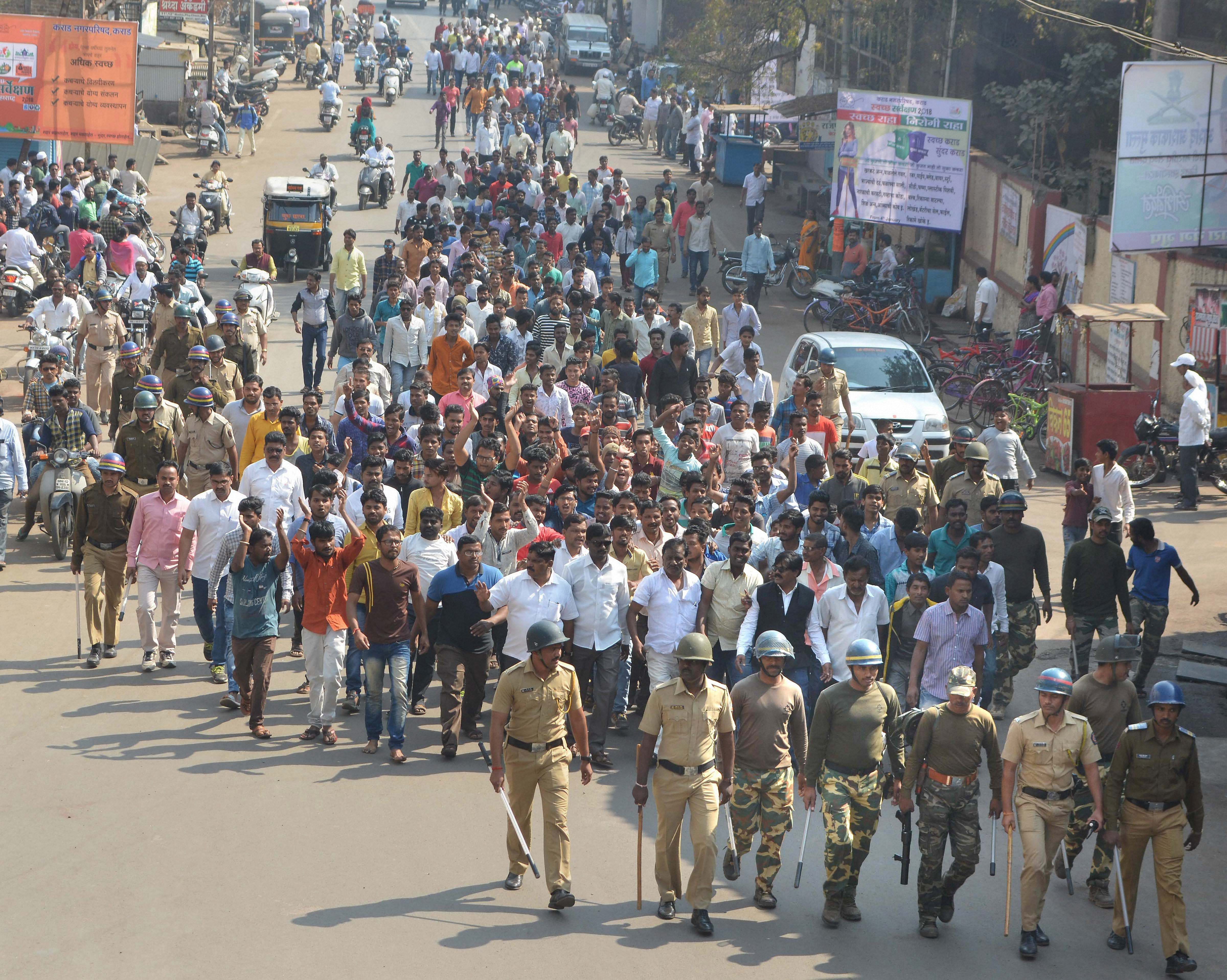 Dalits take part in a protest rally during their Maharashtra Bandh called over the Bhima Koregaon violence, in Karad. (PTI Photo)