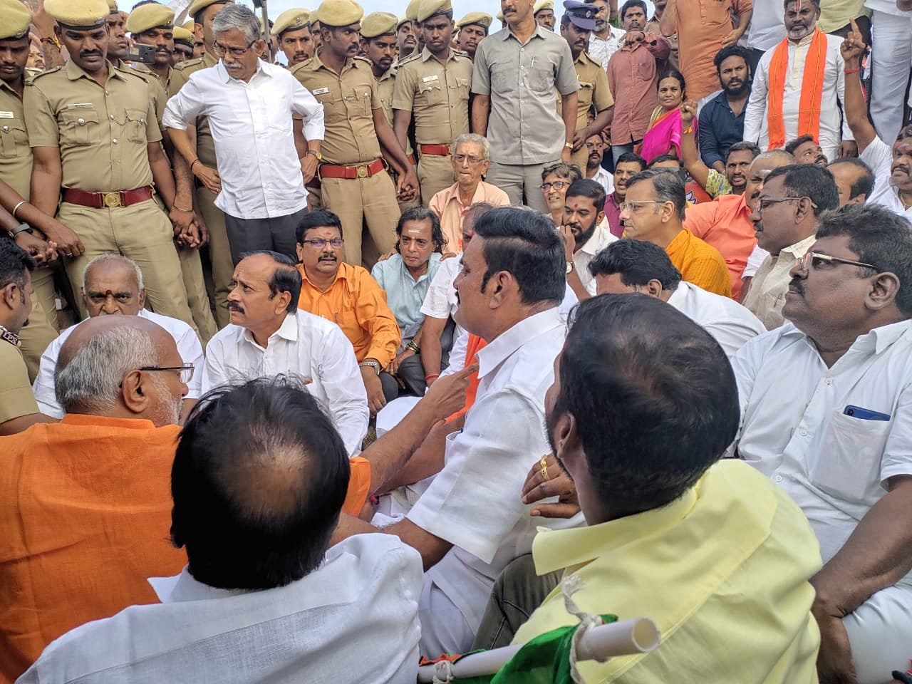 Bharatiya Janata Party (BJP) leaders H Raja, La Ganesan, Pon Radhakrishnan, C. P. Radhakrishnan & others have been detained by the police. (ANI Photo)