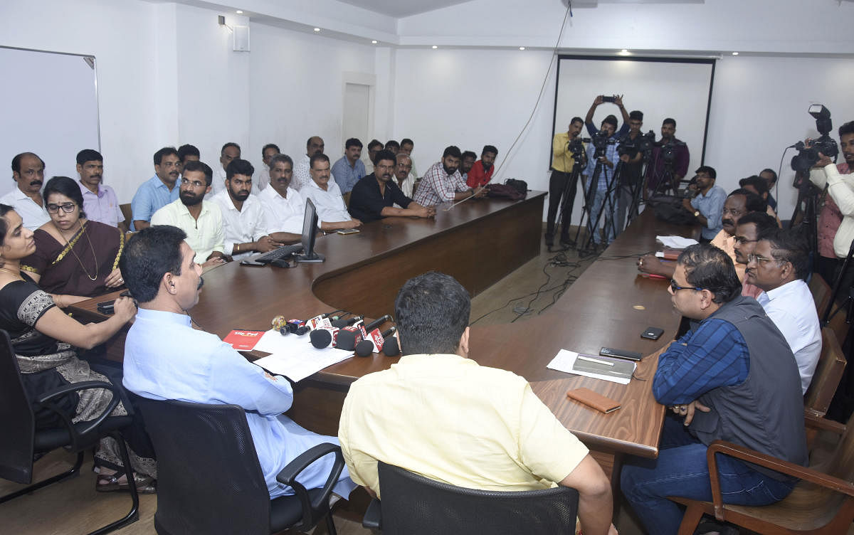 Dakshina Kannada MP Nalin Kumar Kateel chairs a meeting on the Pumpwell flyover work at the deputy commissioner’s office in Mangaluru.