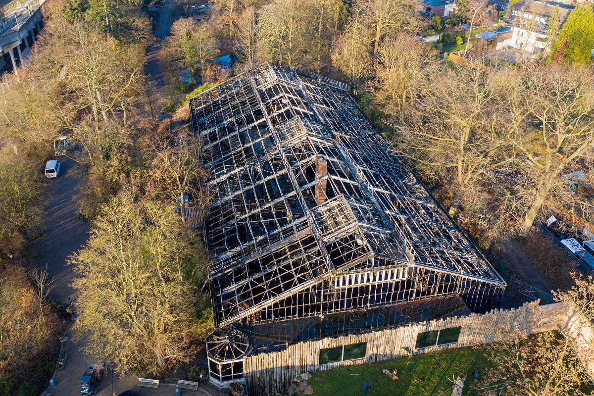Aerial view shows the burned-out monkey house of the zoo in Krefeld, western Germany, on January 1, 2020. AFP