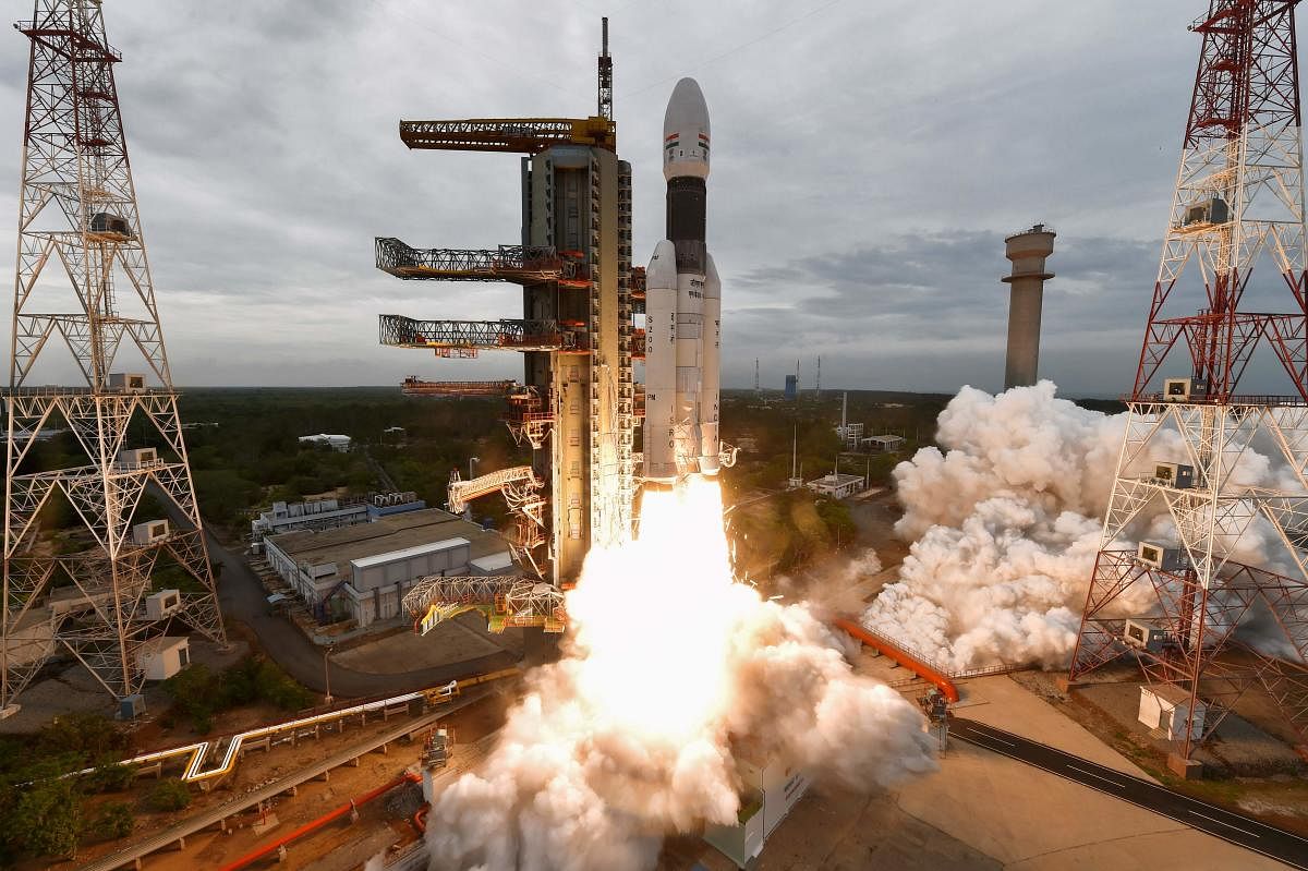 This handout photo taken and released by Indian Space Research Organisation (ISRO) on July 22, 2019 shows Isro's Chandrayaan-2 with on board the Geosynchronous Satellite Launch Vehicle (GSLV-mark III-M1), being launched from the Satish Dhawan Space Centre