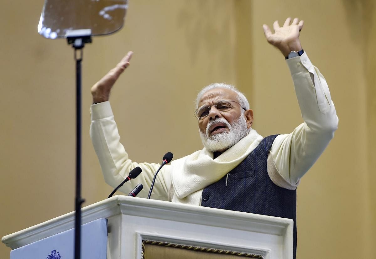 Prime Minister Narendra Modi addresses during the launch of the Atal Bhujal Yojana, a mission to help in supplying water to every house-hold by 2024, at a function in New Delhi, Wednesday, Dec. 25, 2019. (PTI Photo)