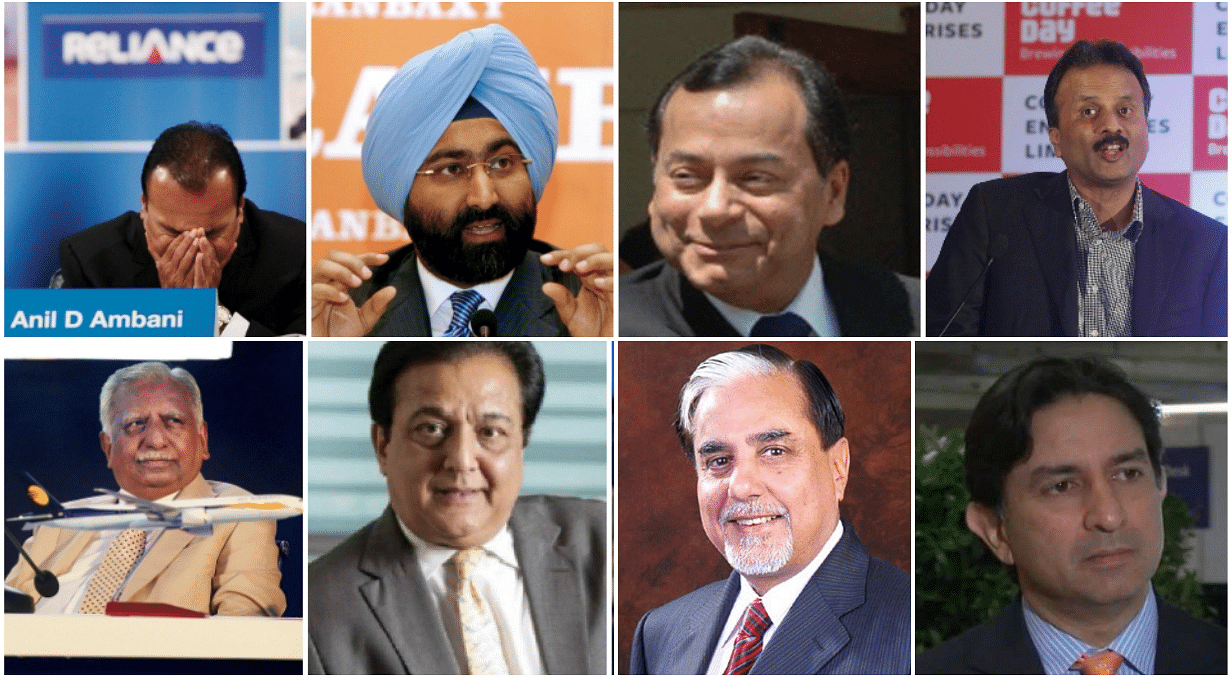 (Left to Right) Anil Ambani, Malvinder Singh, Shashikant Ruia, VG Siddhartha, Naresh Goyal, Rana Kapoor, Subhash Chandra and Gautam Thapar. 