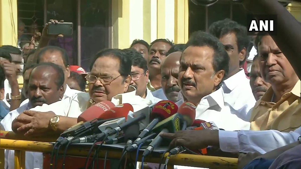 The day witnessed dramatic developments as DMK President M K Stalin rushed to meet State Election Commissioner Dr R Palaniswamy seeking announcement of results fast in areas where counting was over and even threatening to sit on a fast if results are not announced on time. ANI/Twitter
