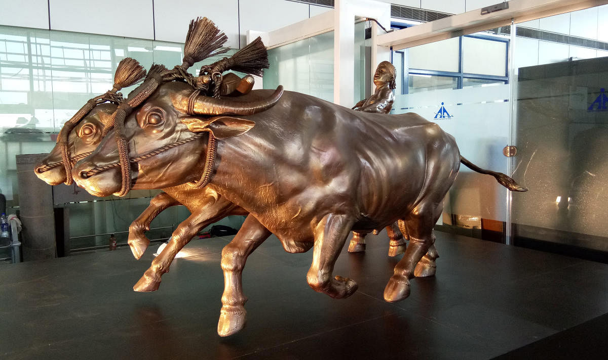 The sculpture of Kambala at the exit area of Mangaluru International Airport.