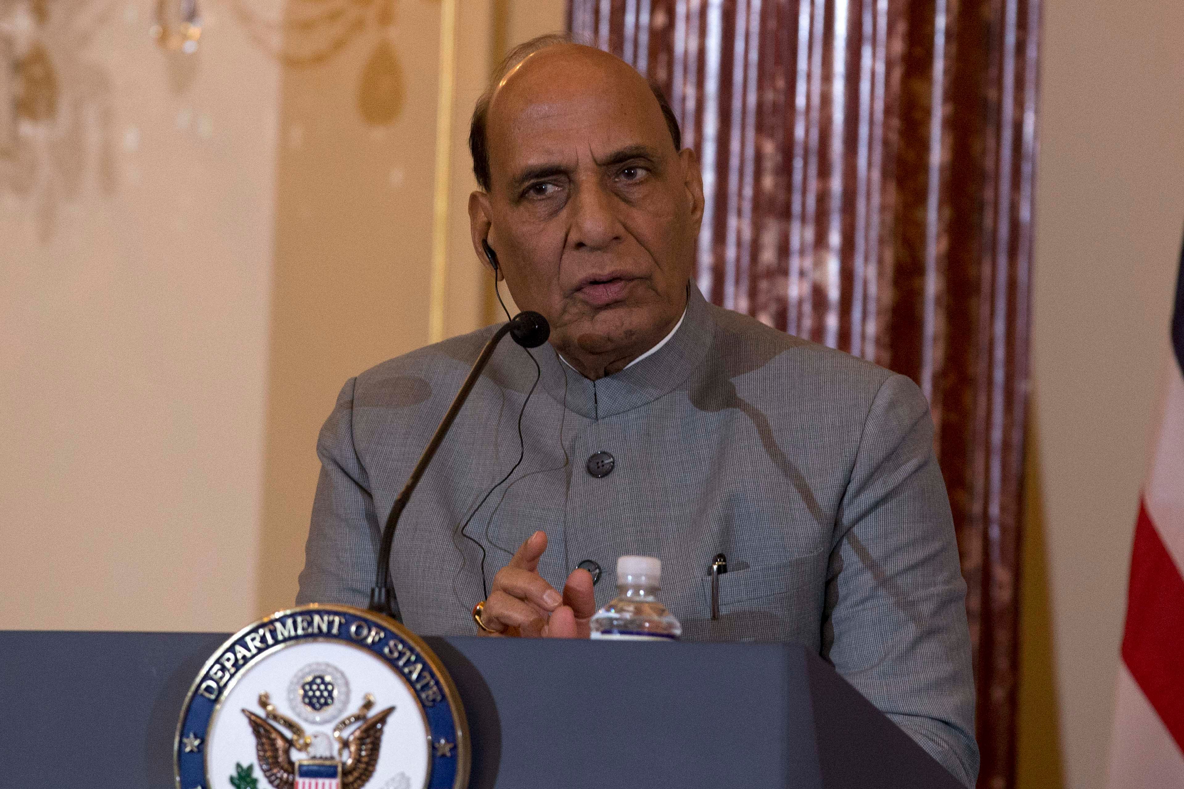 Indian Defense Minister Shri Rajnath Singh, speaks during a news conference after a bilateral meeting between the U.S. and India at the Department of State in Washington, Wednesday, Dec.18, 2019. AP/PTI