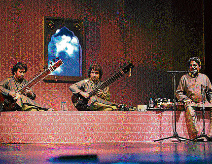 string Sitarist brothers Rafique and Shafique Khan along with Ustad Faiyaz Khan performs in haveli musical concert.