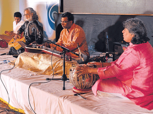 impressive From left: Pandit&#8200;Vishwa Mohan Bhatt, Chitraveena Ravikiran and  Ramkumar Mishra.