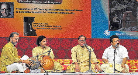 Giridhar Udupa, Dr M Balamuralikrishna and Krishnan.