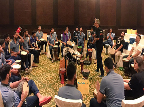 In a what can be termed as a first in Indian cricket team's team bonding exercise, the senior players along with skipper Mahendra Singh Dhoni and the 'A' team players like Varun Aaron enjoying a jam session, where they were all seen playing drums with Vasundhara and his musical group. Picture courtesy Twitter