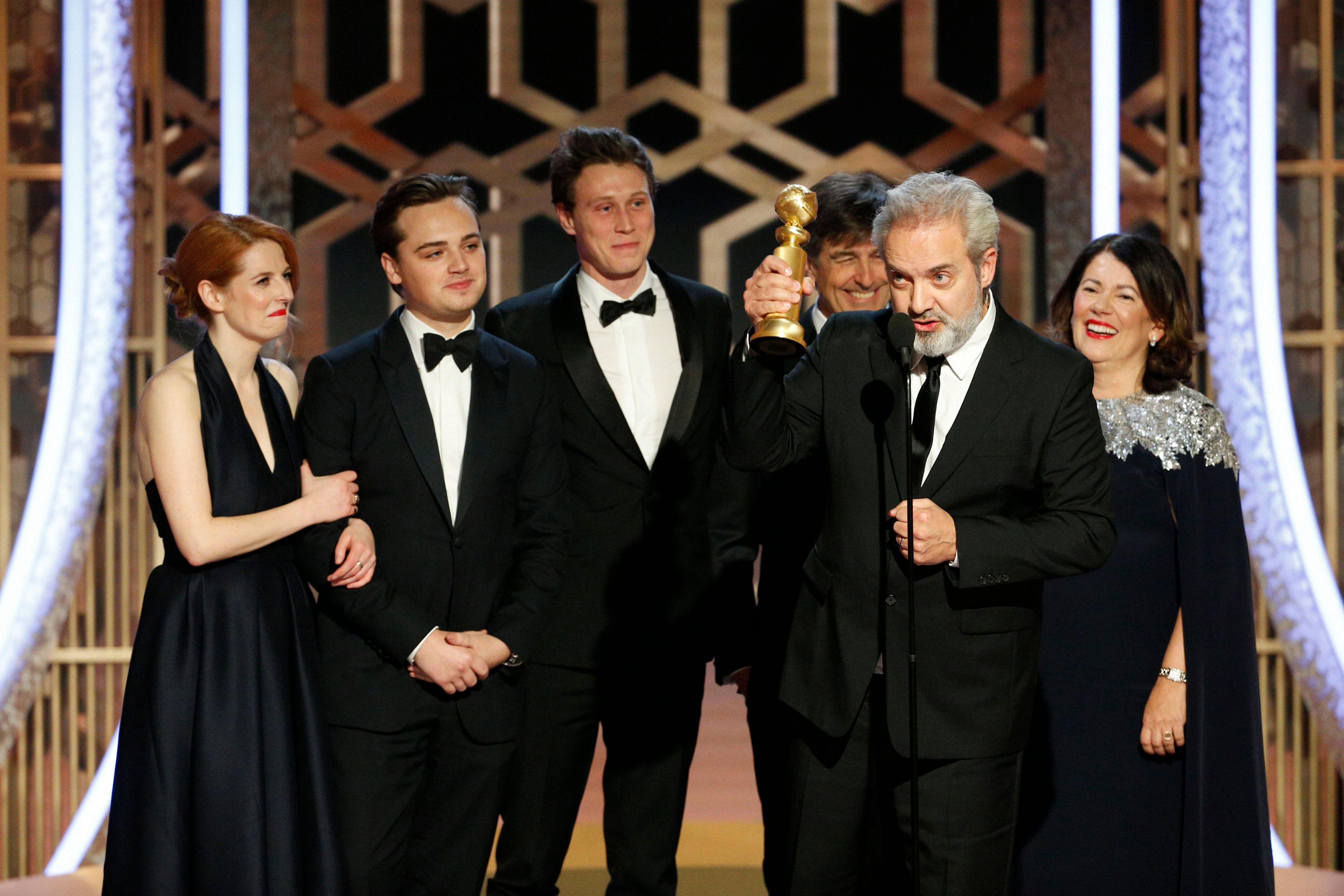This image released by NBC shows filmmaker Sam Mendes accepting the award for best motion picture drama for "1917" at the 77th Annual Golden Globe Awards at the Beverly Hilton Hotel in Beverly Hills, Calif. (AP Photo)