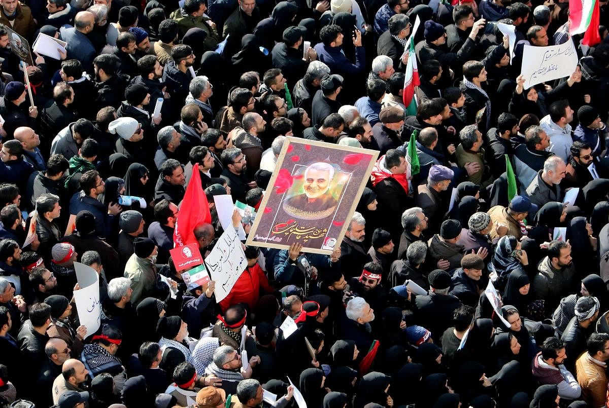 Funeral procession for Major-General Soleimani and commander Abu Mahdi al-Muhandis in Tehran. (Reuters Photo)