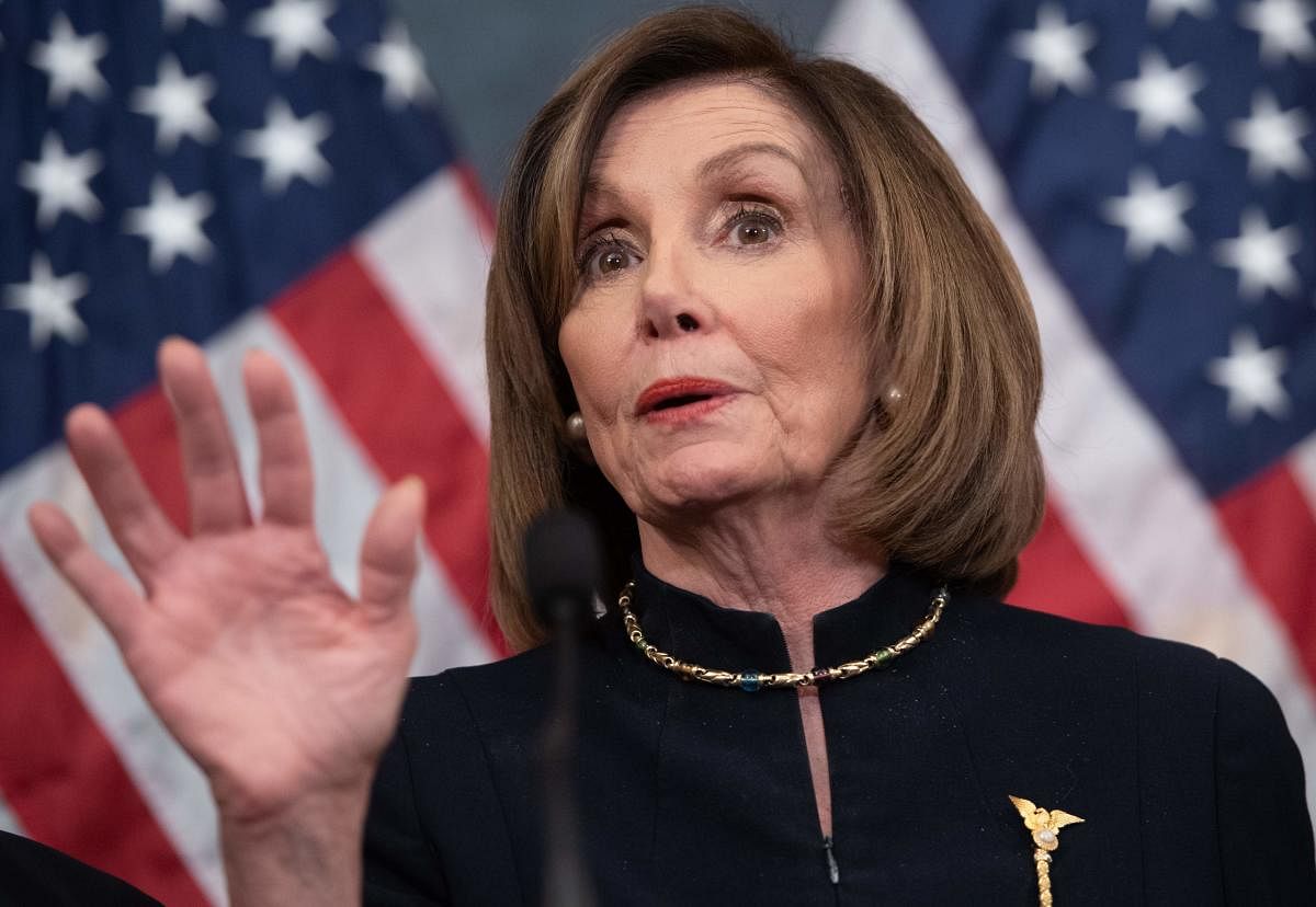 In this file photo taken on December 18, 2019 US Speaker of the House Nancy Pelosi holds a press conference after the House passed Resolution 755, Articles of Impeachment Against President Donald J. Trump, at the US Capitol in Washington, DC. (AFP Photo)