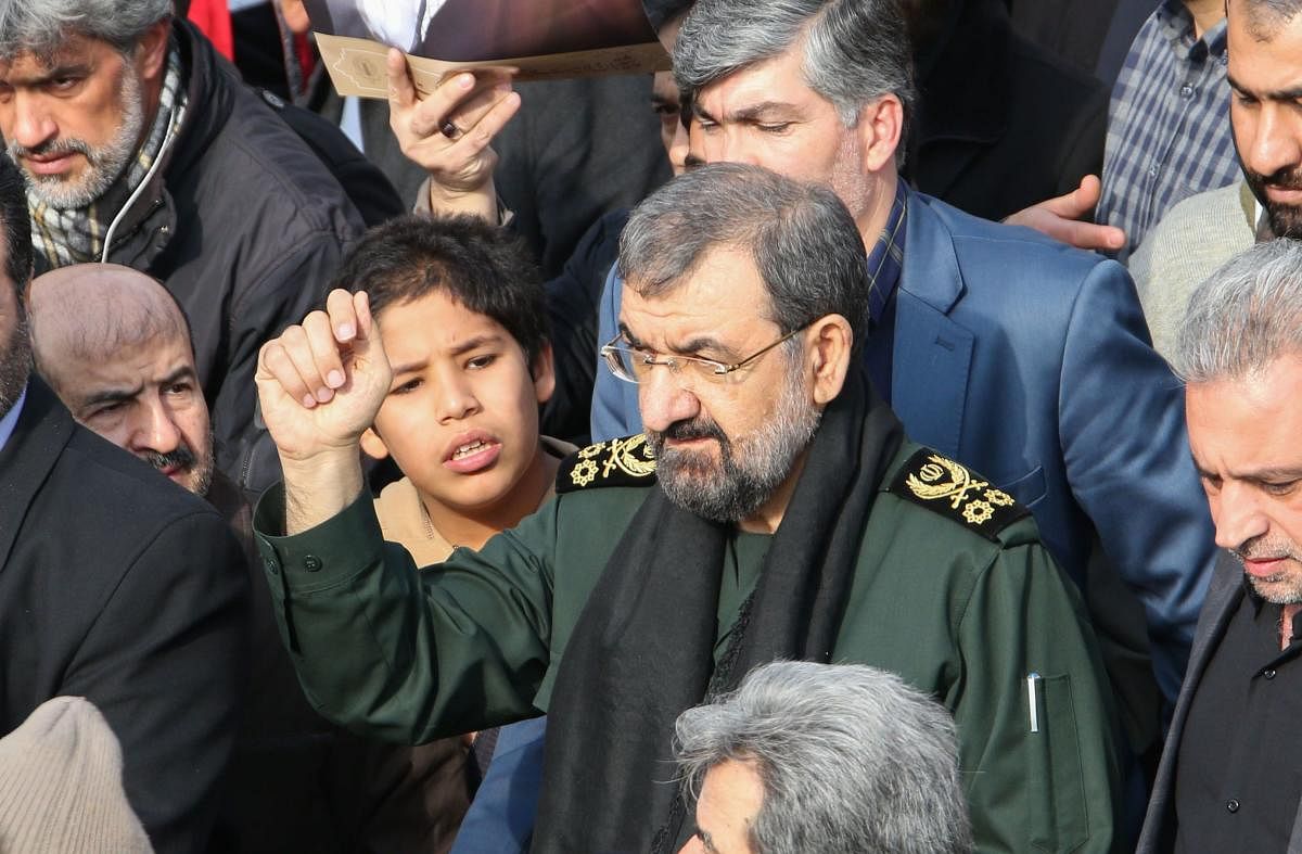 Iranian former chief of the Revolutionary Guards Mohsen Rezai takes part in a demonstration against American crimes in the capital Tehran on January 3, 2020 following the killing of Iranian Revolutionary Guards Major General Qasem Soleimani in a US strike